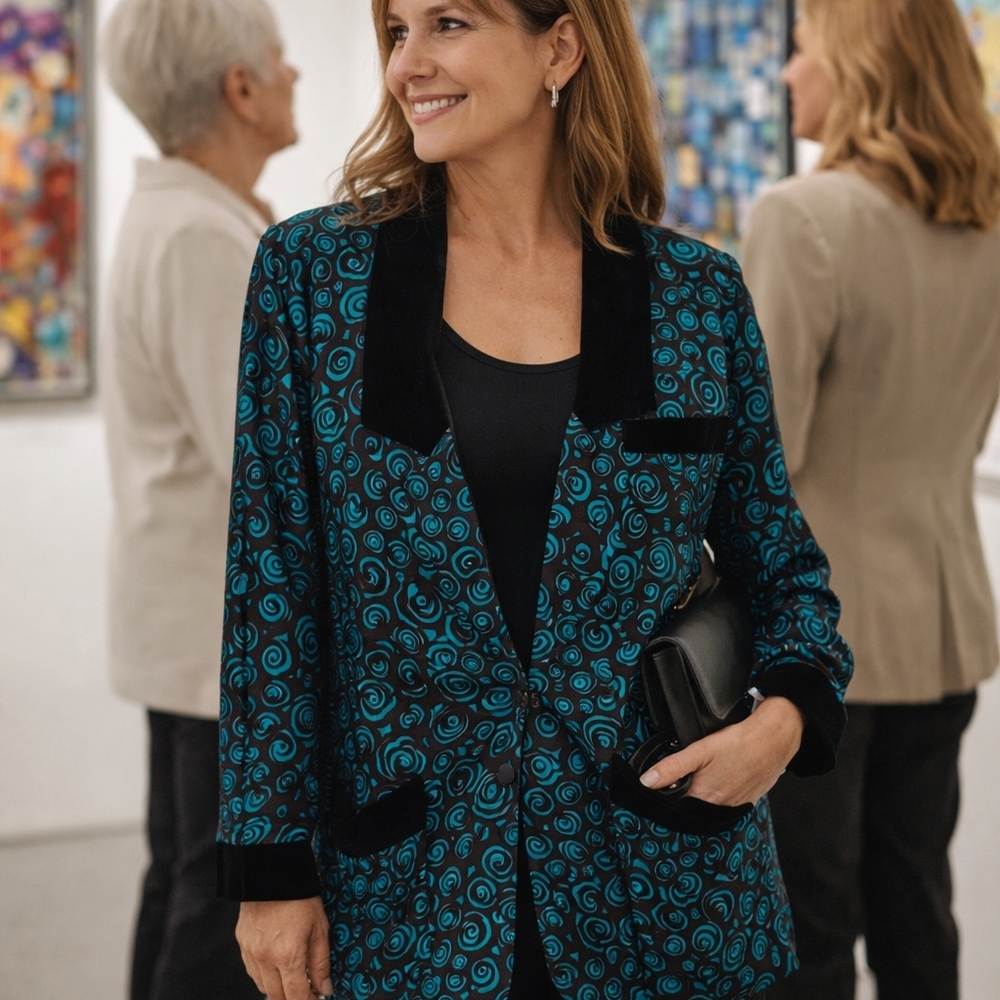 Flora Kung Silk Kimono Blazer L XL Teal Black Swirl Velvet Art Jacket